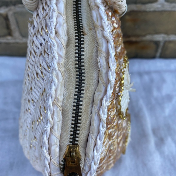 White Paper Woven Peach Sparkle Raffia Flowers Bags by Dormar, Made in Japan - Picture 6 of 10